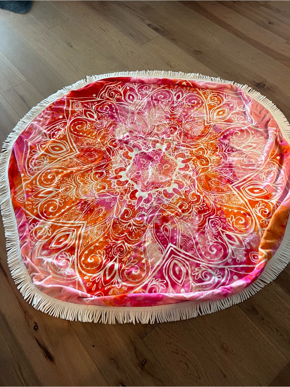 Bohemian Round Fringe Beach Towel - Vibrant Pink & Orange